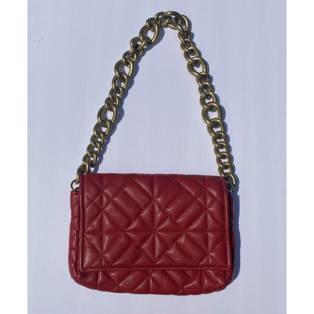 Zara Women's Red Quilted Mini Shoulder Bag with Chunky Gold Chain Strap